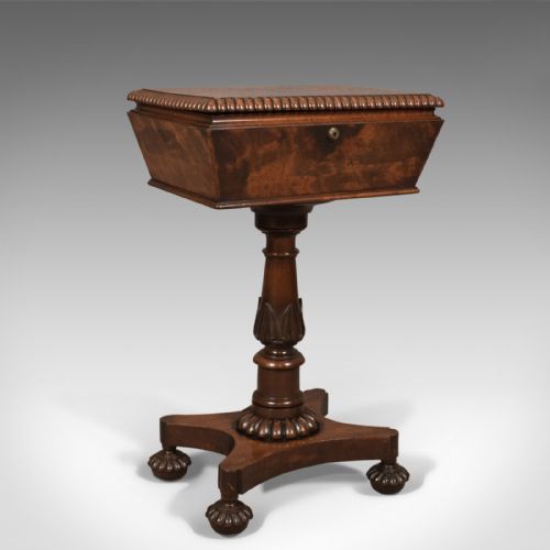 William IV Antique Teapoy, English Flame Mahogany, Side Table, C.1835