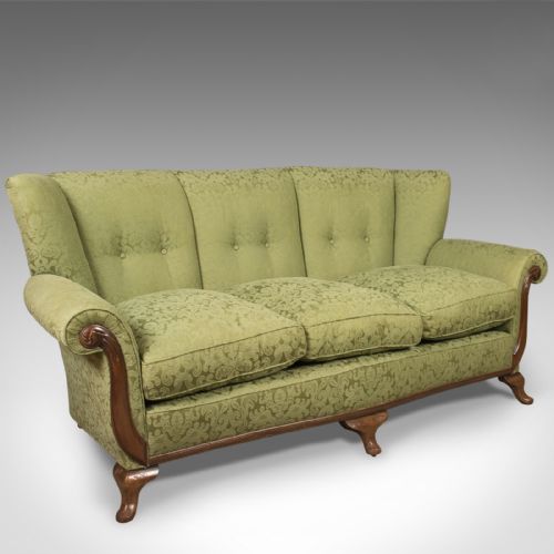 Antique Sofa, English Green Edwardian 3 Seater Settee, C.1910