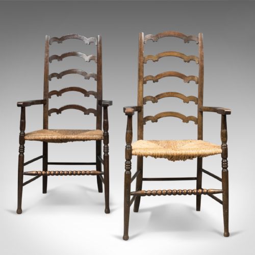Antique Pair of Wavy Line Ladderback Elbow Chairs, Edwardian Dining C.1910