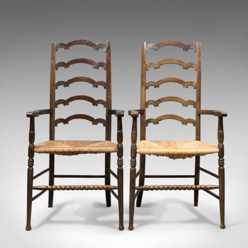 fig 1. Antique Pair of Wavy Line Ladderback Elbow Chairs, Edwardian Dining c.1910