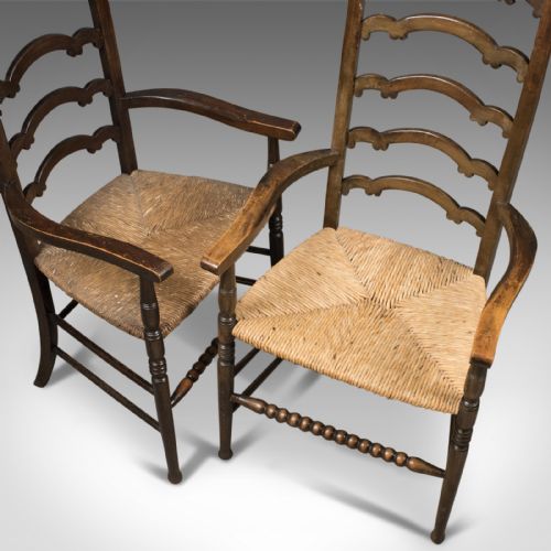 fig 2. Antique Pair of Wavy Line Ladderback Elbow Chairs, Edwardian Dining c.1910