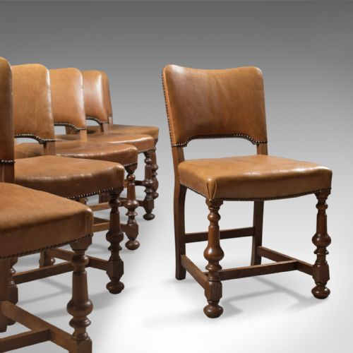 Set of 6 Antique Dining Chairs, Oak & Leather, English, Edwardian C.1910