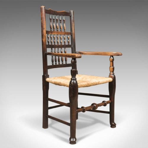 Antique Elbow Chair, Victorian Lancashire Spindle Back Dining, C.1870