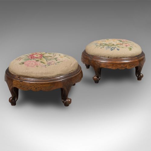 Pair of Antique Foot Stools, English, Victorian, Needlepoint, Carriage, C.1860