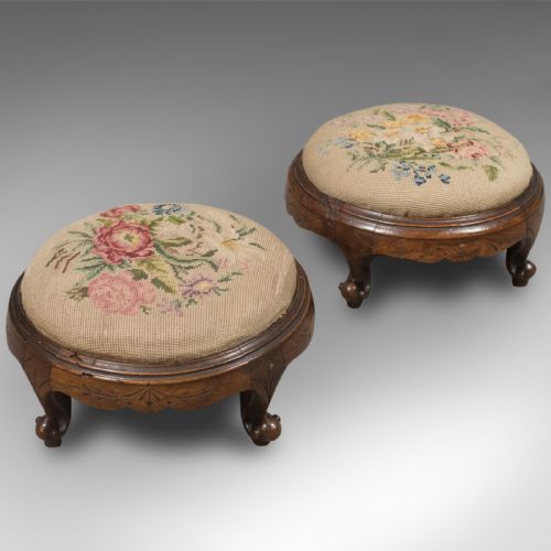 fig 1. Pair of Antique Foot Stools, English, Victorian, Needlepoint, Carriage, c.1860