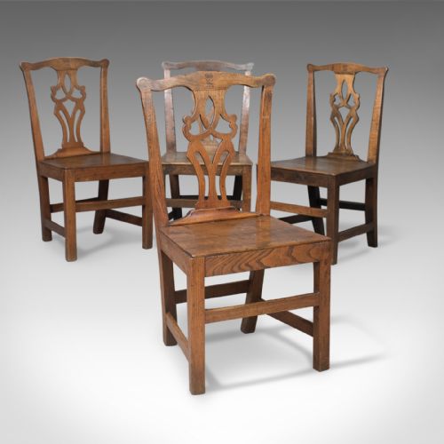 Set of 4 Antique Dining Chairs, Oak & Elm, English, Country Kitchen C.1800