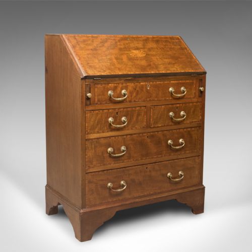 Edwardian Antique Bureau, Mahogany & Oak, English Desk with Secret Drawer C.1910