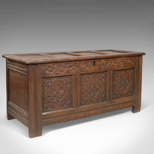 Carved Antique Coffer, English Oak Joined Chest, Trunk, C.1700