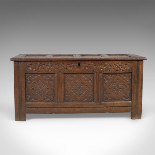 fig 1. Carved Antique Coffer, English Oak Joined Chest, Trunk, c.1700