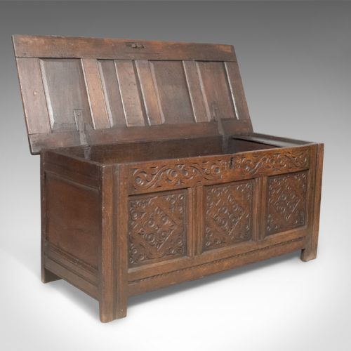 fig 2. Carved Antique Coffer, English Oak Joined Chest, Trunk, c.1700