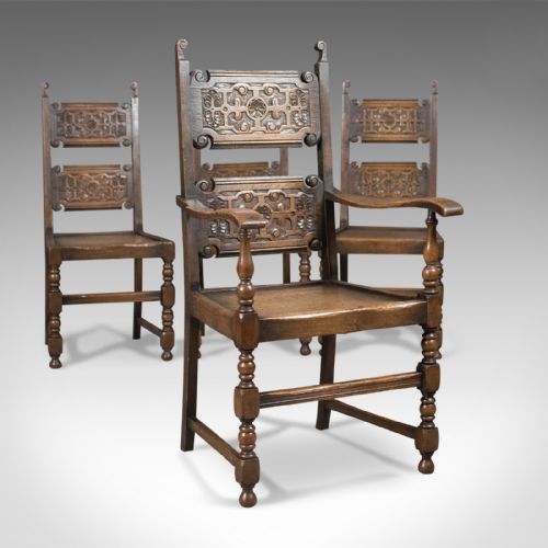 Scottish Set of 4 Antique Dining Chairs, Oak, Victorian C.1900