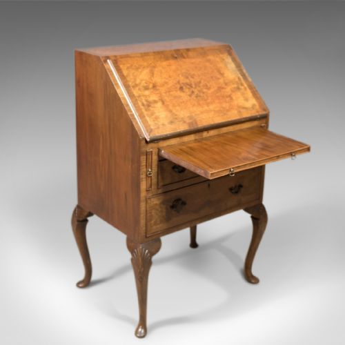 fig 1. Edwardian Antique Bureau in English Queen Anne Revival Taste, Burr Walnut c.1910