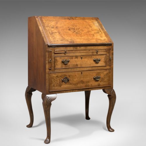 fig 4. Edwardian Antique Bureau in English Queen Anne Revival Taste, Burr Walnut c.1910