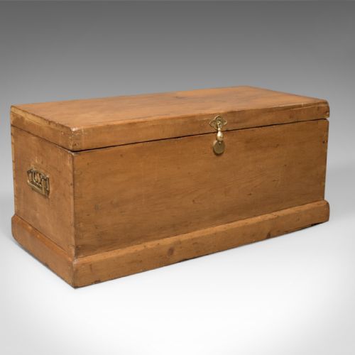 Victorian Antique Pine Trunk, English Carriage Chest, C.1860