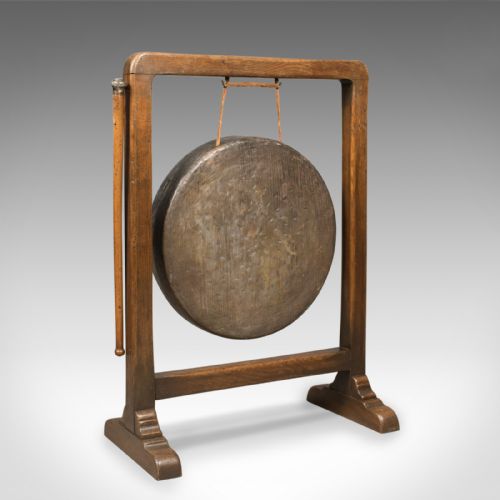 Large Victorian Dinner Gong with Beater in English Oak Frame, C.1870
