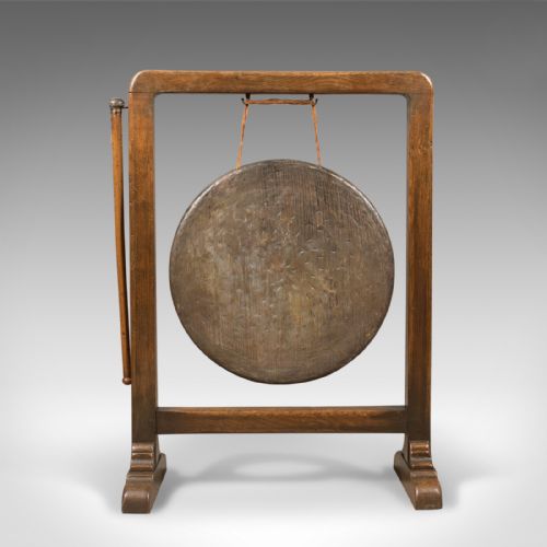 fig 1. Large Victorian Dinner Gong with Beater in English Oak Frame, c.1870