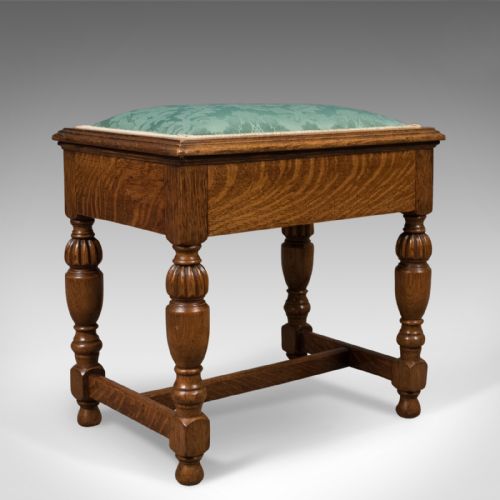 Antique Piano Stool, English Oak Music Seat, Edwardian C.1910