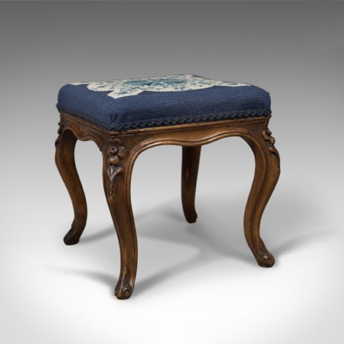 Antique Foot Stool in Walnut, Needlepoint Tapestry Cloth, English, Victorian C.1860