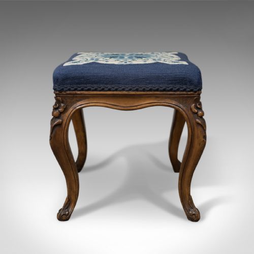 fig 1. Antique Foot Stool in Walnut, Needlepoint Tapestry Cloth, English, Victorian c.1860
