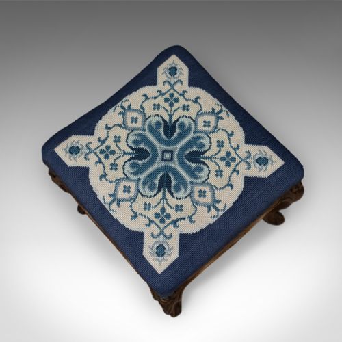 fig 2. Antique Foot Stool in Walnut, Needlepoint Tapestry Cloth, English, Victorian c.1860