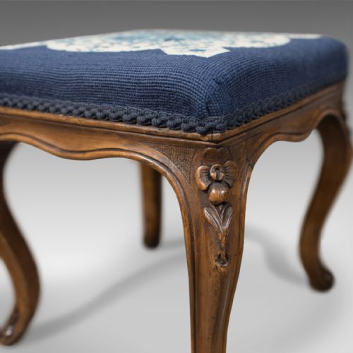 fig 4. Antique Foot Stool in Walnut, Needlepoint Tapestry Cloth, English, Victorian c.1860