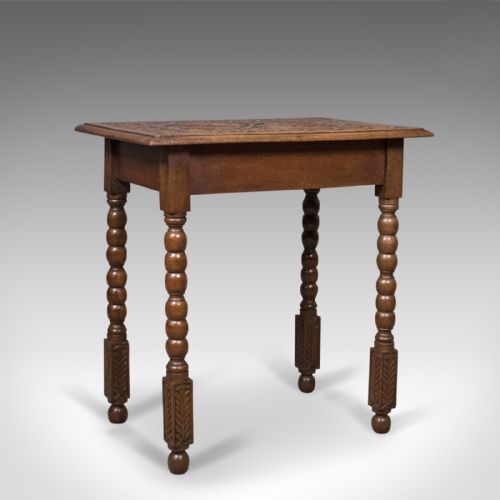 Antique Side Table with Carved Decoration, English Oak, 1908