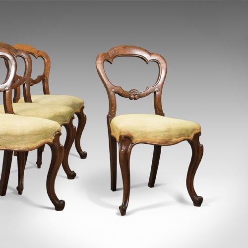 Antique Set of 4 Oak Dining Chairs, English, Victorian, Balloon Back, C.1860