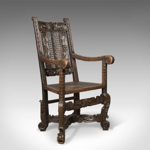 Antique Armchair, Victorian Carved Side, Hall Chair, English, Oak, Bergere, Circa 1880