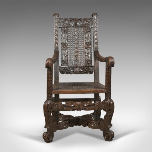 fig 1. Antique Armchair, Victorian Carved Side, Hall Chair, English, Oak, Bergere, Circa 1880