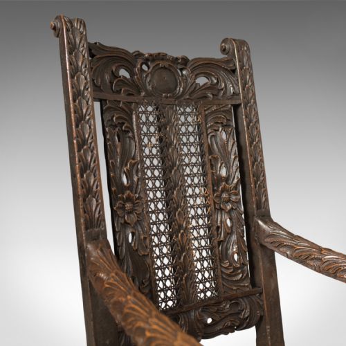 fig 3. Antique Armchair, Victorian Carved Side, Hall Chair, English, Oak, Bergere, Circa 1880