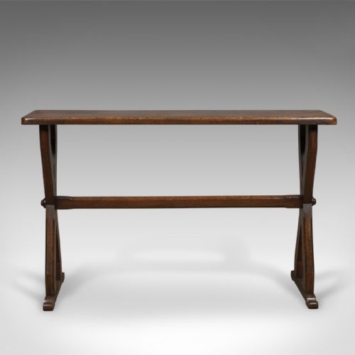 fig 1. Antique Console Table, Narrow X-Frame, English, Oak, Gothic Overtones, circa 1880