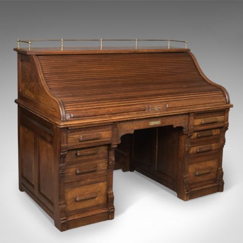 fig 1. Antique Roll Top Desk, Shannon File Co., English, Walnut, Edwardian Circa 1910