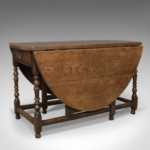 Antique Drop Leaf Dining Table, English Oak, Ovular, Six Seater, Circa 1700