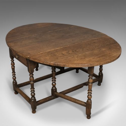 fig 1. Antique Drop Leaf Dining Table, English Oak, Ovular, Six Seater, Circa 1700