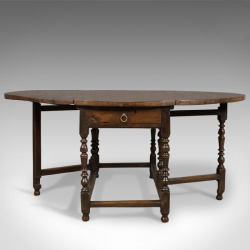 fig 3. Antique Drop Leaf Dining Table, English Oak, Ovular, Six Seater, Circa 1700