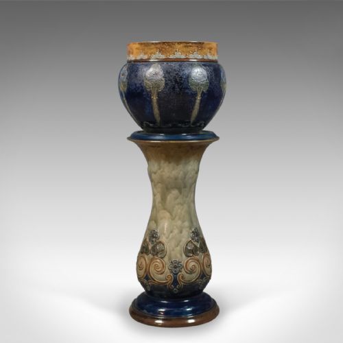 Antique Stoneware Jardiniere on Stand, Royal Doulton, Art Nouveau Circa 1900