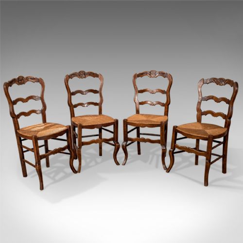 Set of Four Antique Dining Chairs in Dark Beech, French Country Kitchen Circa 1900