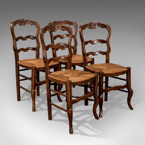 fig 4. Set of Four Antique Dining Chairs in Dark Beech, French Country Kitchen Circa 1900