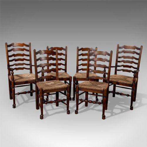 Set of Six Antique Oak Wavy Line Ladderback Dining Chairs, Edwardian Circa 1910