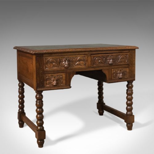 Antique Green Man Victorian Writing Desk, English Oak, Circa 1900
