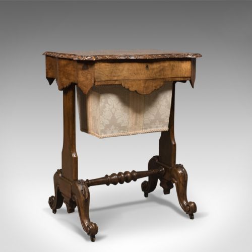 Antique Work Table, English, Victorian, Burr Walnut Sewing Companion Circa 1860