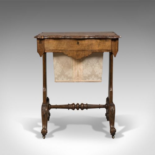 fig 1. Antique Work Table, English, Victorian, Burr Walnut Sewing Companion Circa 1860