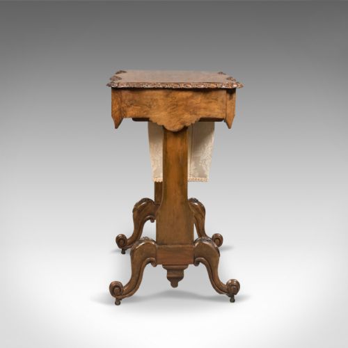 fig 2. Antique Work Table, English, Victorian, Burr Walnut Sewing Companion Circa 1860