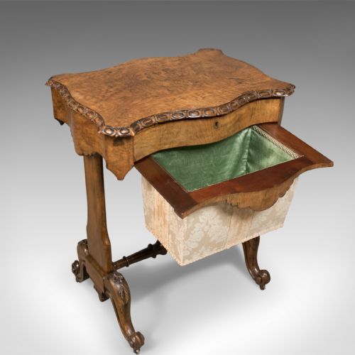 fig 3. Antique Work Table, English, Victorian, Burr Walnut Sewing Companion Circa 1860