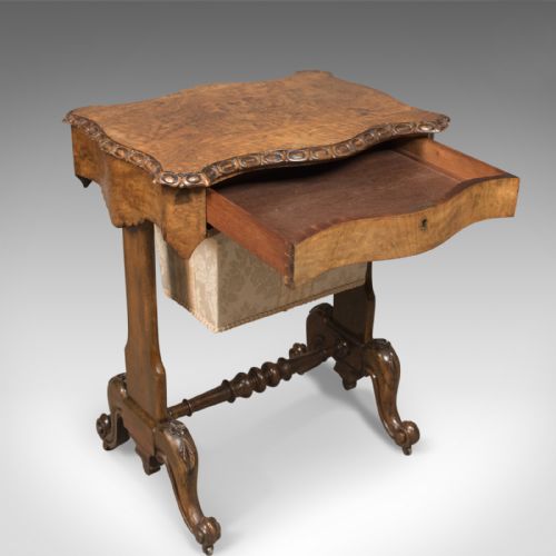 fig 4. Antique Work Table, English, Victorian, Burr Walnut Sewing Companion Circa 1860