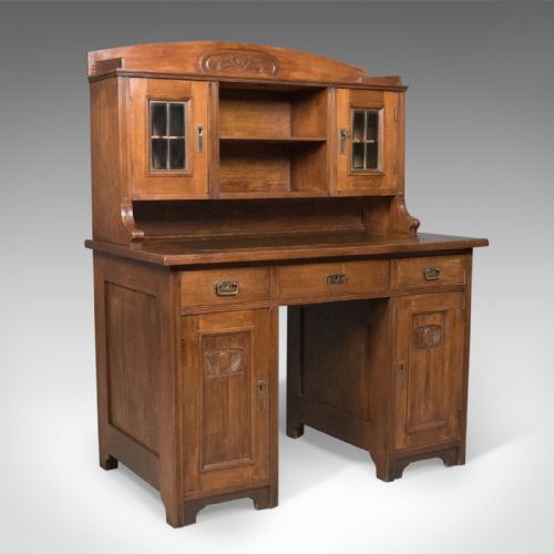 Antique Art Nouveau Desk, English, Victorian, Walnut Cabinet Liberty-esque C1900