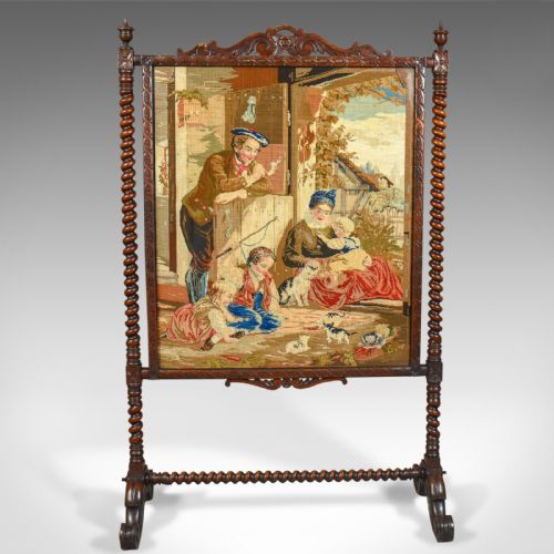 fig 1. Large Antique Fire Screen, Needlepoint Tapestry Panel, Walnut Frame, Circa 1850