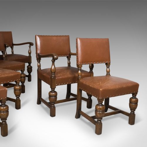 
Set of Six Antique Dining Chairs, English, Edwardian Cromwellian Revival, Oak