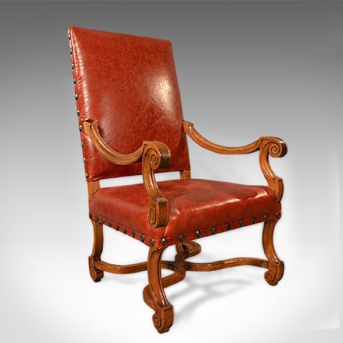 Large Antique Leather Armchair, Walnut Frame, French 19th Century Circa 1880