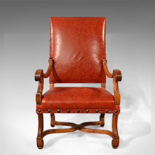 fig 1. Large Antique Leather Armchair, Walnut Frame, French 19th Century Circa 1880